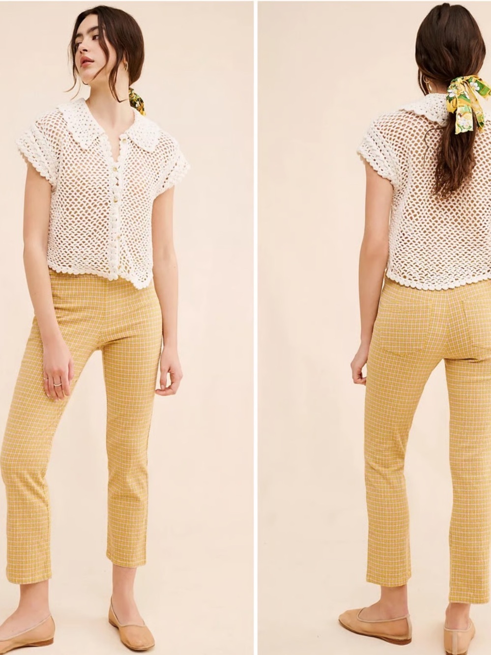 Free People In My Feelings Slim Crop Gingham Plaid Pants in Yellow